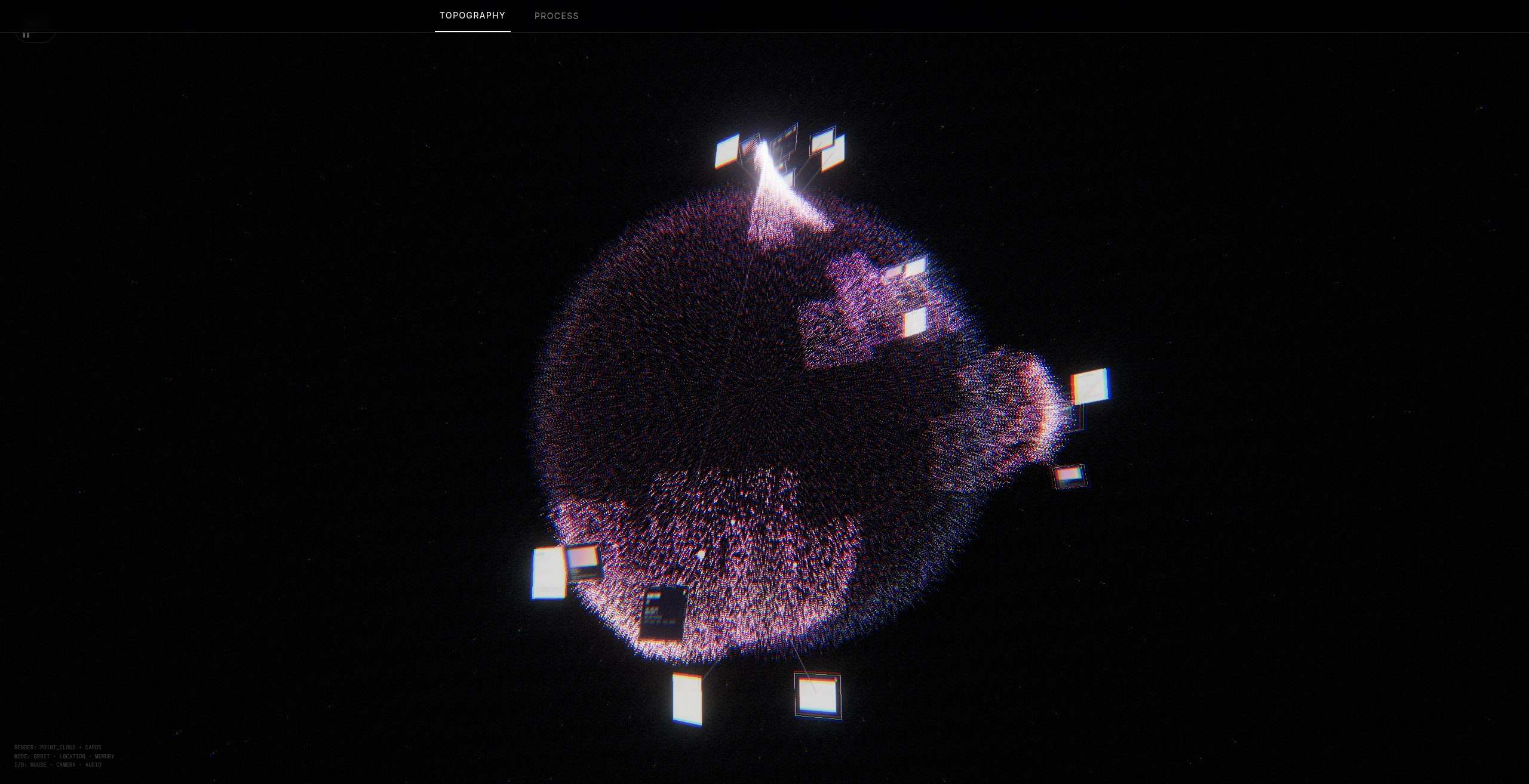 A cluster of memory cards suspended above one location on the sphere, each card a small bright rectangle tethered to the surface by a wire.