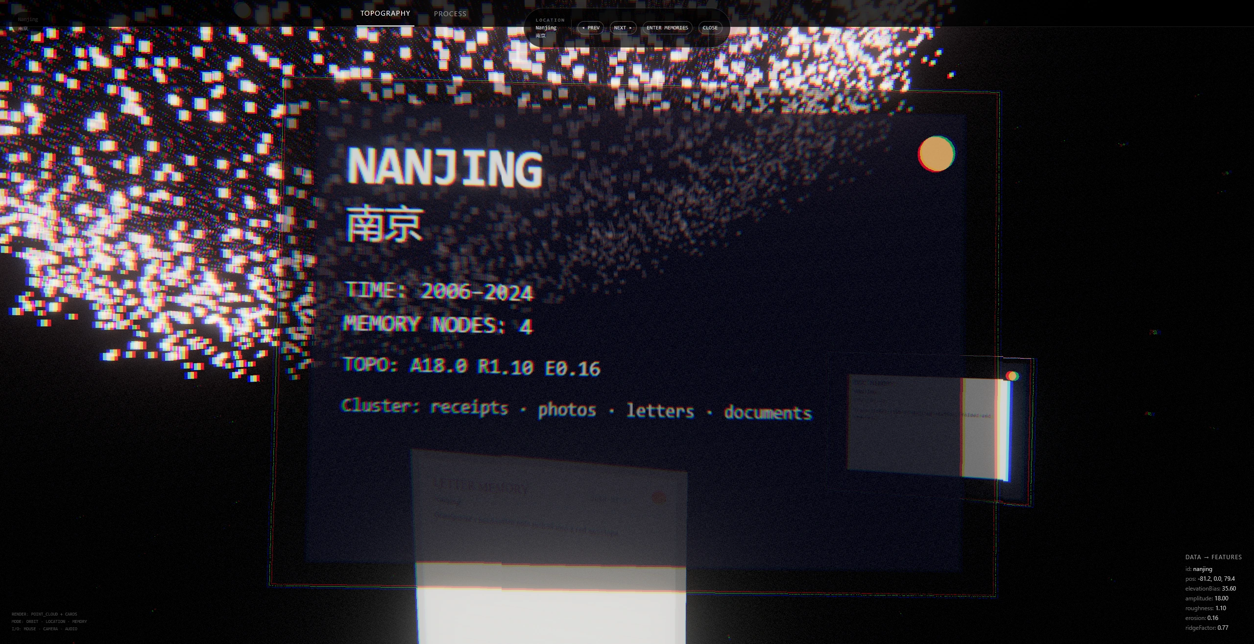 The focus state on one location, with the underlying data record printed as small text at the edge of the frame.