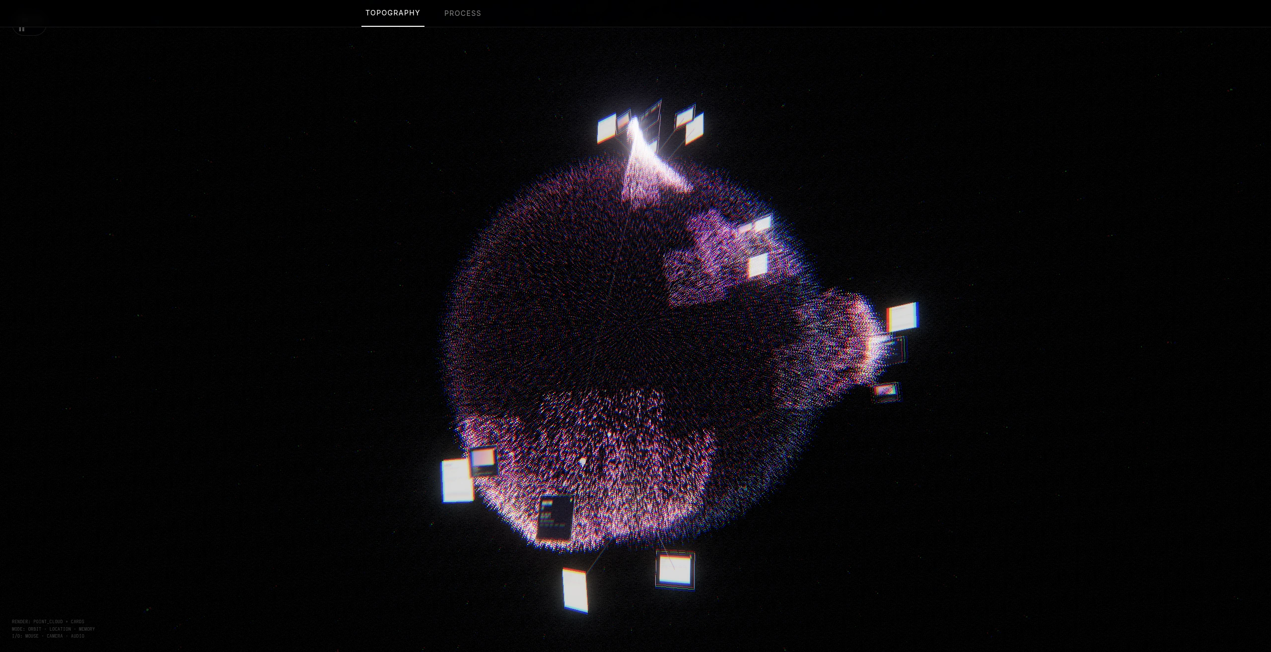 A single memory card lifted away from the sphere by pointer proximity, its wire lit brighter than the rest back to its anchor point.